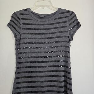 Ann Taylor Petite Women’s Short Sleeve Sequin Stripe Tee - Gray